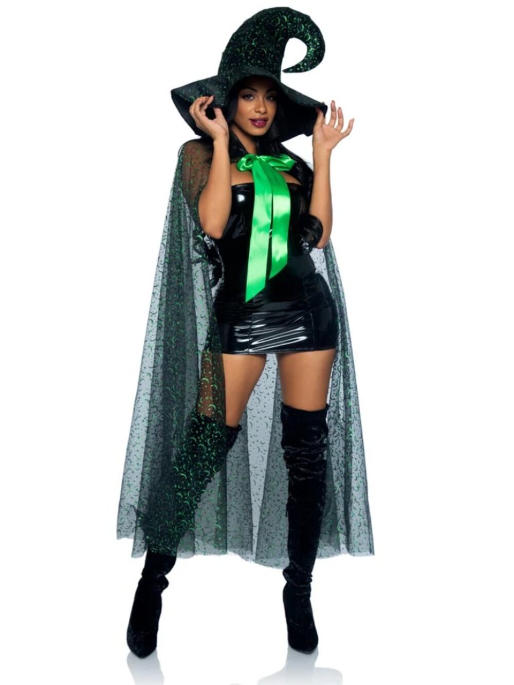 Green & Black Glitter Moon Cape & Witch Hat
